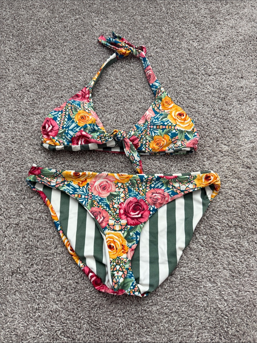 Floral Stripe Tie-Front Bikini Set in Green, Pink & Yellow